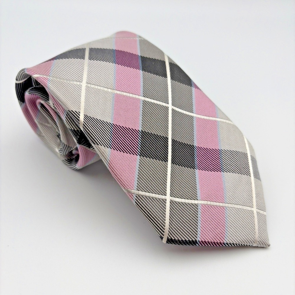 Bruno Marchesi Necktie Mens OS Pink Grey Black Plaid 100% Silk Hand Made Tie